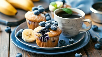 Wall Mural - Blueberry and banana muffins served with coffee at breakfast on the dining table
