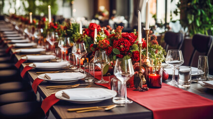 An elegant table setting with red floral arrangements, crystal glasses, candles and gold accents in natural light.