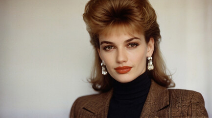 Portrait of the beautiful young woman on the street, 80s era fashion style.