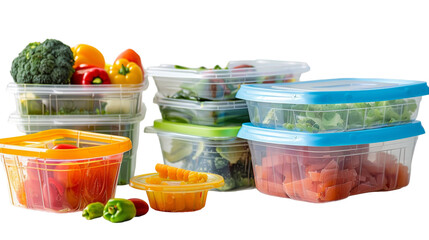 Various plastic containers filled with a variety of foods, showcasing a diverse selection of meals and snacks