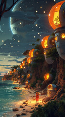 Wall Mural - scifi 3d illustration with an astronaut in an alien lake shore with futuristic housing complex of sp