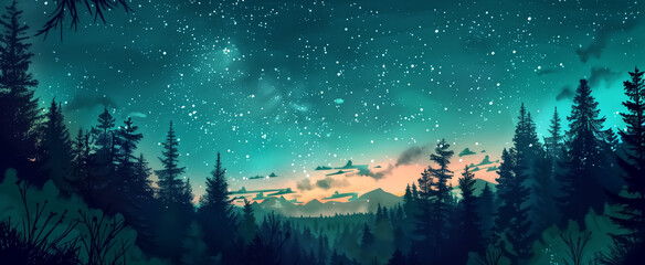 Wall Mural - aesthetic gradient cosmic green and blue starry sky with silhoue