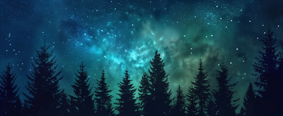 Wall Mural - aesthetic gradient cosmic green and blue starry sky with silhoue