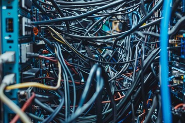 Poster - A clutter of wires and devices neatly stored in a rack, showcasing complex connectivity and organization
