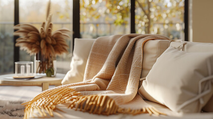Wall Mural - sophisticated beige throw blankets adorned with champagne tassel details, draped over a modern sofa 