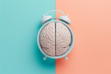 3d illustration of human brain with clock isolated on apricot and blue background. Concept of circadian rhythm and biological body cycle. 