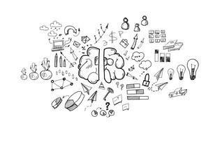 Aufkleber - Doodle style business and technology concept icons scattered on a white background. Illustration reflecting creativity and ideas