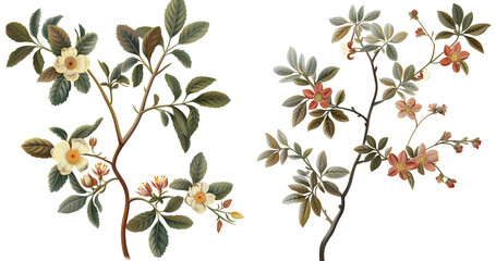 tree branch with blossoms isolated on transparent background, old botanical illustration