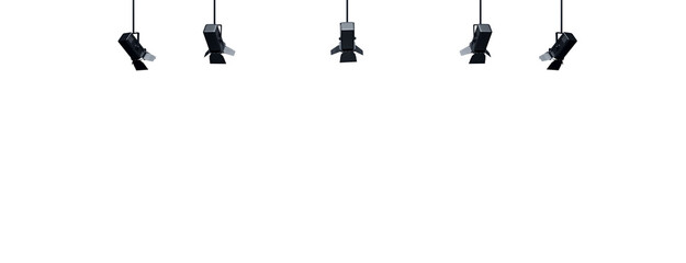 A series of identical black stage lights, evenly spaced, on a plain white background, suggesting a lighting concept