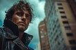 © DachAI - A rugged looking man in a wet leather jacket poses dramatically with a city backdrop under a cloudy sky
