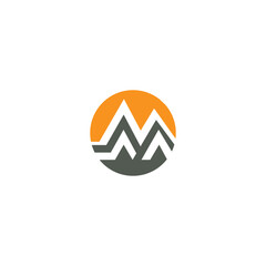 Wall Mural - mountain logo landscape with rocks at sunrise, Sea and Sun for Hipster Adventure Traveling logo