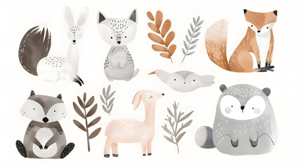 Cute animals collection, cartoon childlike style, in pastel color palette isolated on white background