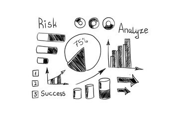 Poster - Hand-drawn business diagram elements, pie chart, and graphs on a white background represent analytics and success concepts