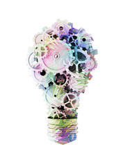 Poster - An abstract lightbulb shape composed of colorful cogs and gears on a white background, representing creativity and innovation