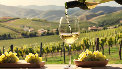 Wine glass with pouring white wine and vineyard landscape in sunny day. Generative AI