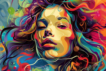 Wall Mural - Vibrant abstract portrait of a woman with colorful swirls