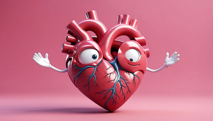 A 3D cartoon illustration of a human heart against a pink background. The heart features a smiling face and has two white arms wrapped around it, giving itself a hug