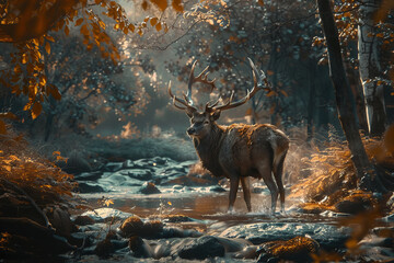 Wall Mural - Majestic deer standing in a serene forest stream during autumn