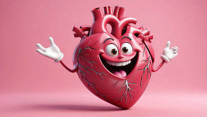 A 3D cartoon illustration of a human heart against a pink background. The heart features a smiling face and has two white arms wrapped around it, giving itself a hug