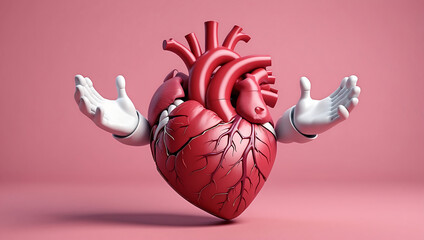 A 3D cartoon illustration of a human heart against a pink background. The heart features a smiling face and has two white arms wrapped around it, giving itself a hug