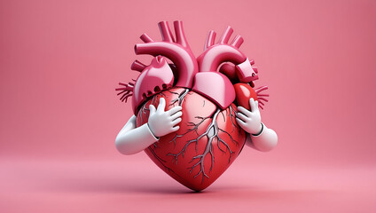 A 3D cartoon illustration of a human heart against a pink background. The heart features a smiling face and has two white arms wrapped around it, giving itself a hug