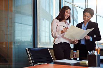 Meeting, corporate and business women with documents for planning, discussion and consulting. Collaboration, law firm and lawyers talking with paperwork, teamwork and review for proposal in office