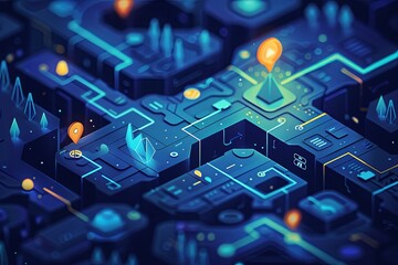 Poster - A digital illustration featuring a futuristic blue background adorned with glowing lights and various geometric shapes