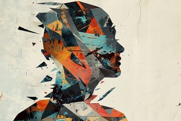 Poster - A painting featuring a mans face composed of various colored geometric shapes