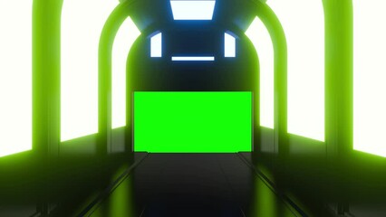 Wall Mural - Opening gate or door in dark futuristic tunnel spaceship or science laboratory corridor . Sci-fi concept design in realistic 3d style. Digital animation with green screen background.