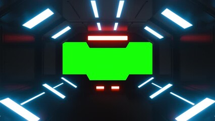 Wall Mural - Opening gate or door in dark futuristic tunnel spaceship or science laboratory corridor . Sci-fi concept design in realistic 3d style. Digital animation with green screen background.