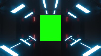 Wall Mural - Opening gate or door in dark futuristic tunnel spaceship or science laboratory corridor . Sci-fi concept design in realistic 3d style. Digital animation with green screen background.
