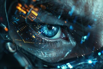 Eye with digital elements, vibrant and detailed, sci fi and technology concept, futuristic and glowing