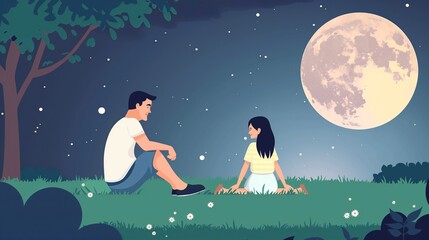 Wall Mural - happy father playing with his daughter under the moonlight, with a simple flat design. Happy Father Day. in start of each prompt and also add