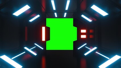 Wall Mural - Opening gate or door in dark futuristic tunnel spaceship or science laboratory corridor . Sci-fi concept design in realistic 3d style. Digital animation with green screen background.
