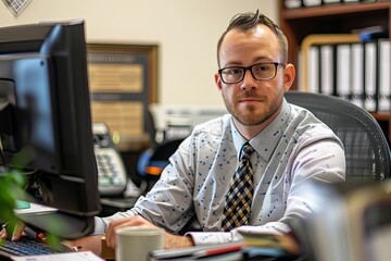 Poster - A man is seated at a desk, focused on the computer screen in front of him, presumably working or completing tasks