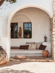 Mediterranean house in Ibiza and the surrounding nature. Buildings painted in soft colors, with minimal and essential lines. Typical Spanish Balearic architecture.
