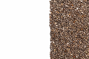 Wall Mural - Chia seeds border on white background. Copy space for text. Top view