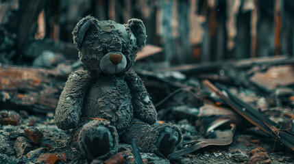 Wall Mural - Close-up of dirty shabby teddy bear against burned house destruction of consequences of military conflict. Generative AI