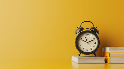 Wall Mural - black alarm clock and books on table against yellow background with copy space for text