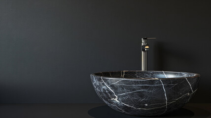Wall Mural - Black round marble sink on a black wall with a faucet in the bathroom