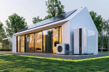 Modern tiny house with large windows, solar panels, and air conditioning unit. Realistic architectural rendering of an eco-friendly smart home. Sustainable living and green energy concept