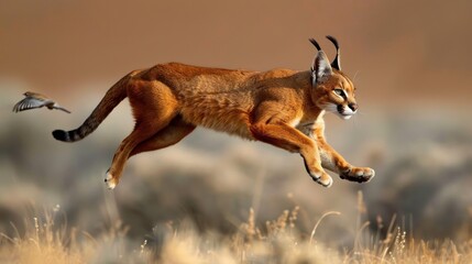 Wall Mural - A caracal leaping to catch birds. --ar 16:9 --style raw Job ID: 5a55643d-b552-4d67-a557-eab82f2c1745