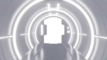 Wall Mural - Opening gate or door in white futuristic tunnel spaceship or science laboratory corridor . Sci-fi concept design in realistic 3d style. Digital animation with alpha matte channel.
