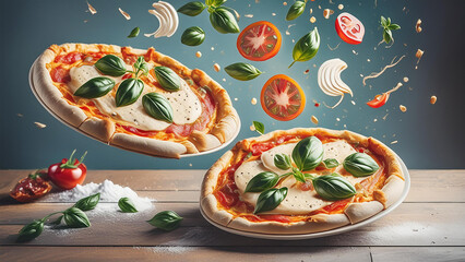Wall Mural - Two delicious pizzas and tomatoes flying in the air