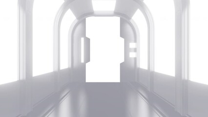 Wall Mural - Opening gate or door in white futuristic tunnel spaceship or science laboratory corridor . Sci-fi concept design in realistic 3d style. Digital animation with alpha matte channel.