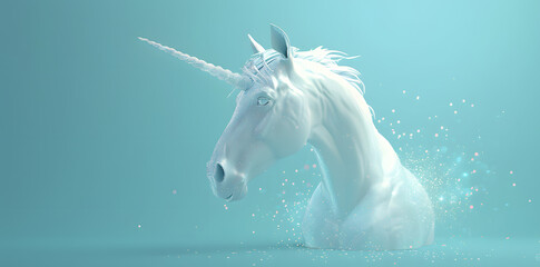 White unicorn head statue, sculpture isolated on blue background. 