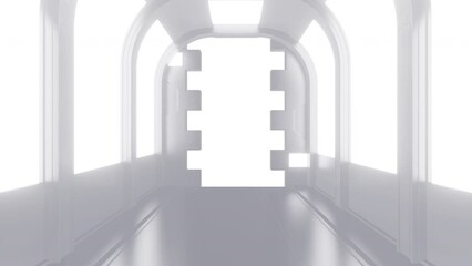 Wall Mural - Opening gate or door in white futuristic tunnel spaceship or science laboratory corridor . Sci-fi concept design in realistic 3d style. Digital animation with alpha matte channel.