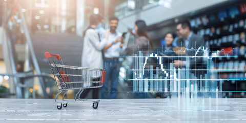 The Cart and technology concept, of a shopping cart with connect glowing blue business stock graph, with the background university group discussing, close up, group, smile, diversity, generative ai