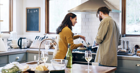 Poster - Couple, tablet and cook in kitchen with love, research and video for learning of meal prep in house. Apartment, man and woman with internet for dinner, champagne and online for healthy food and fun