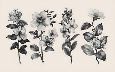 Wall Mural - A group of flowers with leaves . white background